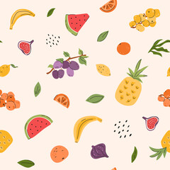 Fruits seamless pattern. Pineapple, orange slices, plum on branch, watermelon, lemon, figs, banana and seeds texture in hand drawn childish style. Summer tropical food background. Vector illustration.