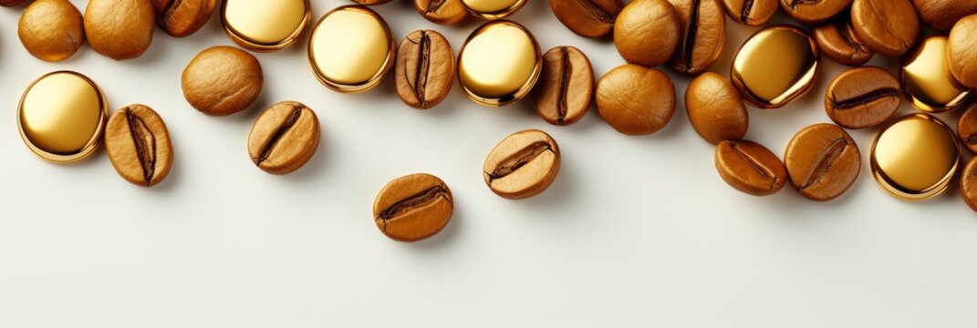 Top View Golden Coffee Pods Placed , Banner Image For Website, Background Pattern Seamless, Desktop Wallpaper