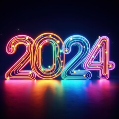 Neon lights forming 2024 on dark backdrop
 - obrazy, fototapety, plakaty