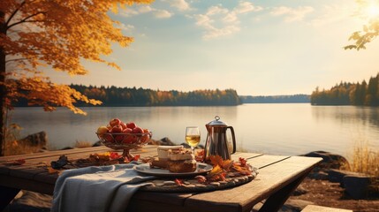 lake fall table sunny scenic illustration water picnic, sunlight recreation, waterfront trail lake fall table sunny scenic - obrazy, fototapety, plakaty