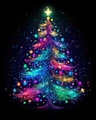 Colorful neon Christmas tree on dark background. Multicolored Christmas tree as symbol of Happy New Year, Merry Christmas holiday celebration. Neon light decoration. Bright shiny design Xmas tree