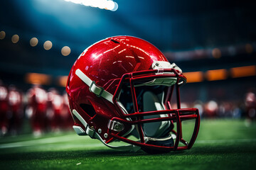 Close-up shot of American football helmet lying on green field of football stadium. Protective helmet with wire mask is an important element of a football player's equipment. Blurred background. - obrazy, fototapety, plakaty