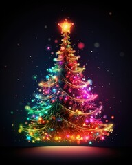 Colorful neon Christmas tree on dark background. Multicolored Christmas tree as symbol of Happy New Year, Merry Christmas holiday celebration. Neon light decoration. Bright shiny design Xmas tree