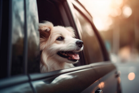 Generative Ai image of a cute happy dog looking out of car window..