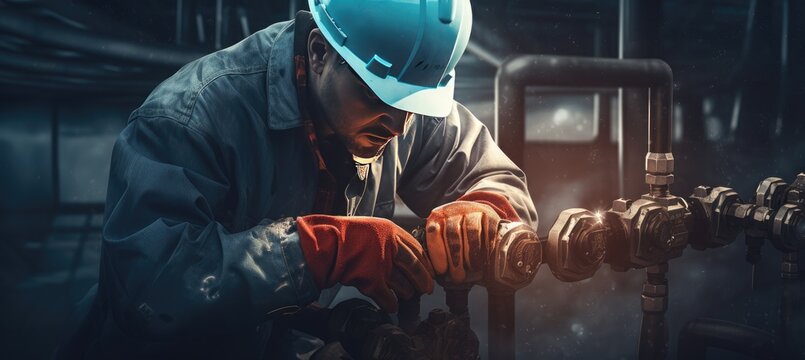 Man working on oil pipeline with hat and gloves.