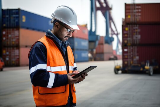 Port control worker reading on a tablet in the background.