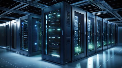 Server racks digital business in a large data center warehouse filled with boxes.
