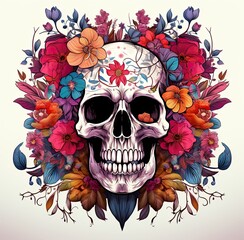 Human skull design with flower around.