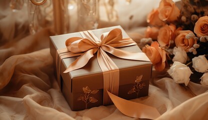 Thanksgiving greeting gifts with a bow from gift box.