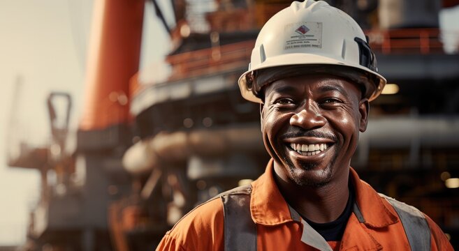 Smiling oil worker in front of rig.