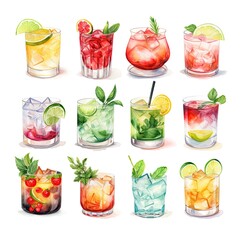 Set of cocktails summer drinks on white background. - obrazy, fototapety, plakaty