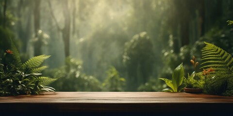 Wooden table and jungle background, abstract nature forest scene. There is space to place products. - obrazy, fototapety, plakaty