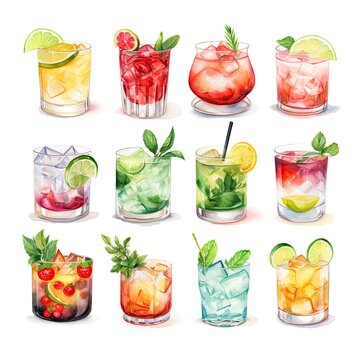 Set of cocktails summer drinks on white background.