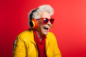studio portrait of happy senior gamer woman wearing headphones isolated on red background