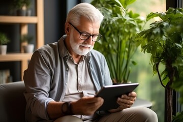 Cheerful senior grey-haired Caucasian man in casual clothing uses digital tablet while sitting on sofa at home. Focused retired person browsing the Internet, watching news, reading e-book.