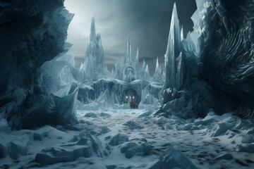 Frozen icy planet landscape. Nature winter ice universe travel planet. Generate Ai