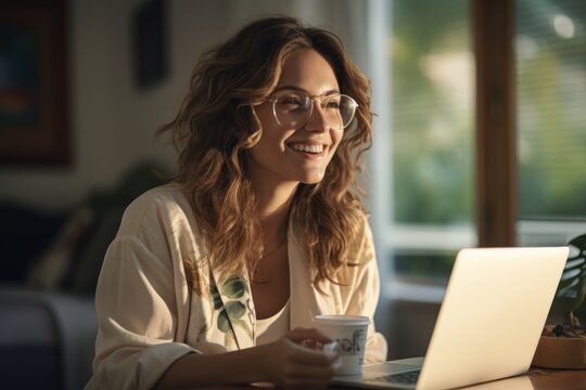 Focused young Caucasian girl sitting at table with laptop in cozy room. Female student studies online, watches webinar or learning course, participates in conference call. Online education concept.