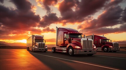 parked trucks at sunrise or sunset