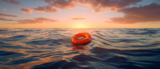 orange lifebuoy floating at sea sunset sunrise, wide horizontal banner - obrazy, fototapety, plakaty