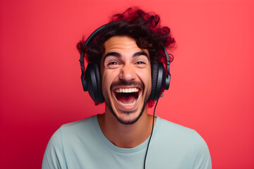 studio portrait of happy gamer man wearing headphones isolated on red background