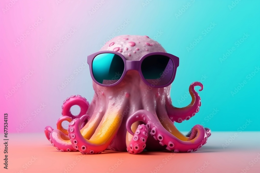 Wall mural funny octopus wearing sunglasses. nature face art animal squid. generate ai