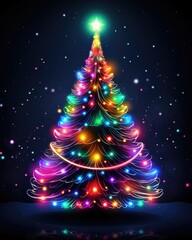 Colorful neon Christmas tree on dark background. Multicolored Christmas tree as symbol of Happy New Year, Merry Christmas holiday celebration. Neon light decoration. Bright shiny design Xmas tree