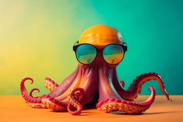 Funny octopus wearing sunglasses colorful background. Monster tentacle wild marine squid. Generate Ai - obrazy, fototapety, plakaty