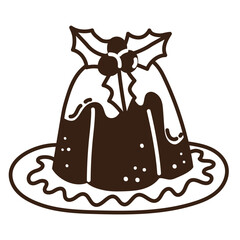 Isolated hand drawn doodle Christmas cake on the plate. Flat black white vector illustration on white background. New Year, Merry Christmas. For card, invitation, poster, banner.