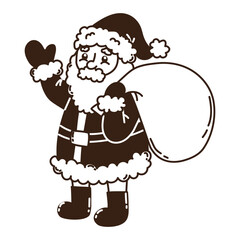 Isolated hand drawn doodle cute Santa Claus with bag of gifts. Flat vector illustration on white background. New Year, Merry Christmas. For card, invitation, poster, banner.
