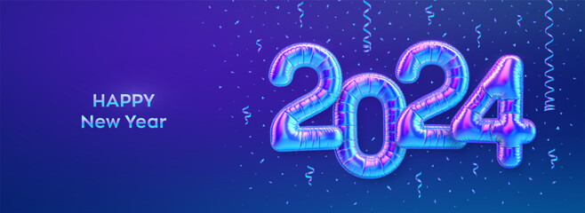 Happy New 2024 Year. Colorful foil balloon numbers on blue background. High detailed 3D iridescent foil helium balloons. Merry Christmas and Happy New Year 2024 greeting card. Vector illustration.