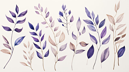 Simple sketches of leaves in blue violet colors on white background
