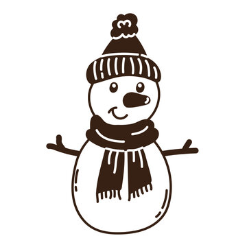 Isolated hand drawn doodle cute smiling snowman with hat and scarf. Flat vector illustration on white background. New Year, Merry Christmas. For card, invitation, poster, banner.