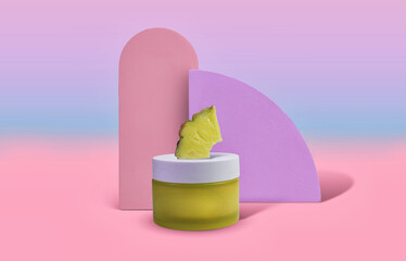 Bright and Cheerful Yellow Pineapple-Infused Skincare Jar on Pastel Backdrop  Cosmetic Product Photograph
