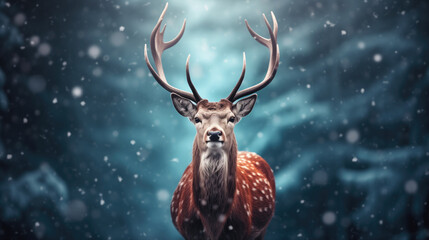 Noble deer in winter forest. Autumn scene with reindeer. Snowy winter christmas landscape - obrazy, fototapety, plakaty