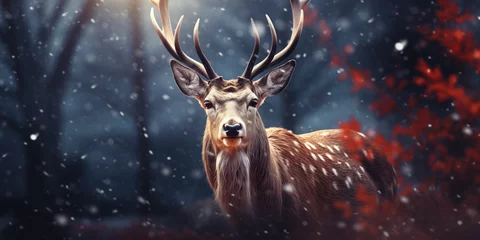 Foto op Plexiglas Noble deer in winter forest. Autumn scene with reindeer. Snowy winter christmas landscape © BHM