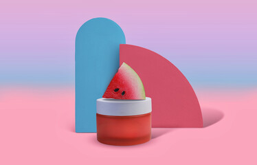 Summery Watermelon-Infused Skincare Cream Jar on Pastel Pink and Blue Backdrop  Vibrant Close-Up Product Shot for Beauty Blogs and Wellness Promotions