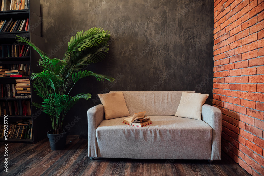 Canvas Prints Interior Sofa Decorative Flower Shelf with Books in a Room with Brick Wall