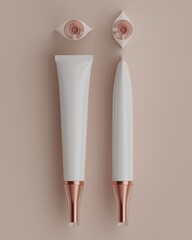 The row of plain white and rose gold packaging small tubes of skincare products with beige background in flat lay position viewed from top for mockup. 3D Rendering