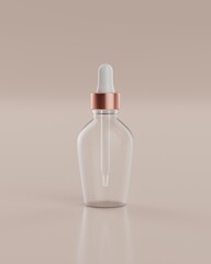The plain white and rose gold packaging pipette bottle of a serum product with beige background viewed from front for mockup. 3D Rendering
