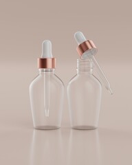 The two plain white and rose gold packaging pipette bottles of serum products with beige background in open and close position viewed from front for mockup. 3D Rendering