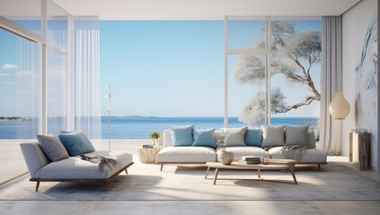 Luxurious living room with windows looking out in the style of seascapes with air beach scenes.