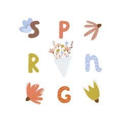 card with the word spring spelled out with illustrations of flowers