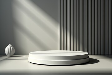 Circle minimal white podium with green tropical plants in vase and trendy shadows