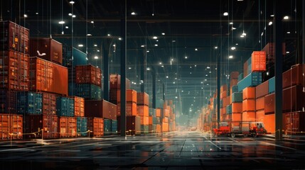 Container shipping warehouse at night. - obrazy, fototapety, plakaty