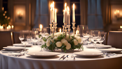 Fototapeta premium Elegant candlelight dinner table setting at reception