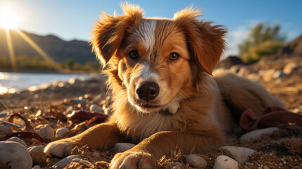 Coastal Companionship: Macro Portrait of Dog on Sandy Beach. Generative AI