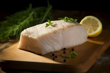 Halibut firm white meat with lemon citrus. Piece people raw seafood carving. Generate Ai