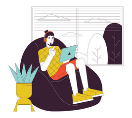 Using online streaming platform on tablet line cartoon flat illustration. Beanbag guy watching video in headphones 2D lineart character isolated on white background. Leisure scene vector color image