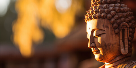 Buddha statue made of wood practicing mindful meditation in the sunrise - obrazy, fototapety, plakaty