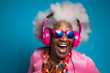 studio portrait of happy black senior gamer woman wearing headphones isolated on blue background